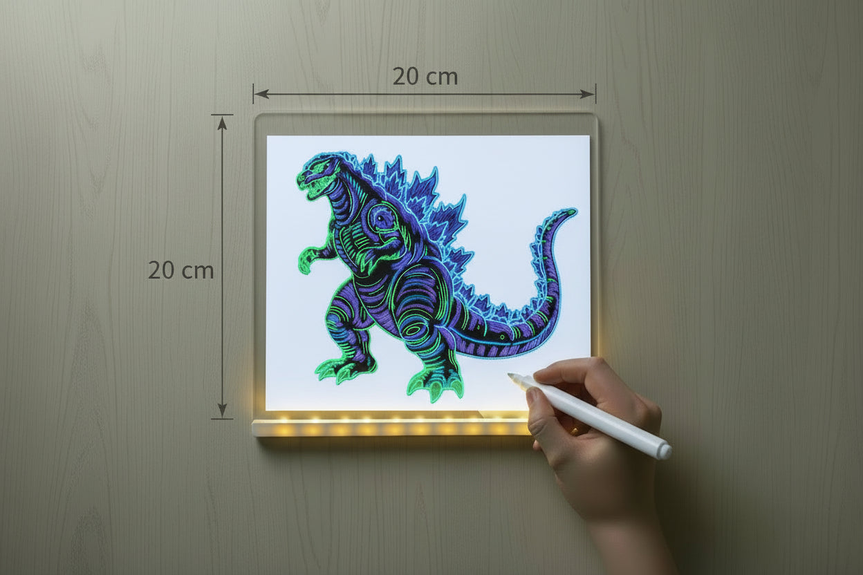 Hand holding a marker next to a drawing of a dinosaur on an LED board with dimensions indicated.